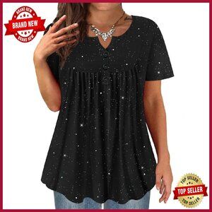 Plus Size Short Sleeve Button Up Swing Tunic XL-5XL Flowy Blouse